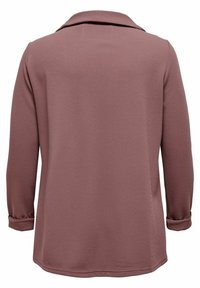 Sako s dlouhým rukávem v barvě mauve s texturovaným povrchem, s výstřihem do notče a ohrnutými manžetami. Má rovný střih a detaily na zadní části.