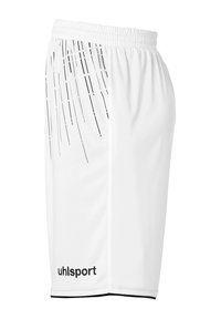 Witte sportshorts van lichtgewicht materiaal, met zwarte verticale strepen en een zwart logo "uhlsport" aan de onderzijde links.