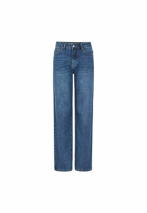 Jeans din denim albastru cu un croi drept, talie înaltă, buzunare frontale și închidere cu un singur nasture. Cusături minimale și fără aplicații.