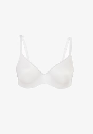 Reggiseno bianco con tessuto liscio, coppe triangolari e delicata bordatura in pizzo lungo il bordo superiore. Presenta spalline regolabili e un design senza cuciture.