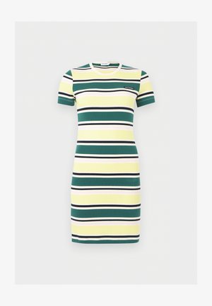 Κοντομάνικο φόρεμα από ριμπ πλεκτό ύφασμα με οριζόντιες ρίγες σε πράσινο, κίτρινο, μαύρο και λευκό, με μικρό μαύρο λογότυπο στο στήθος.