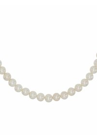 Collar de perlas de agua dulce que presenta perlas blancas uniformemente redondas y brillantes, ensartadas una junto a la otra, mostrando una textura suave y un sutil brillo.