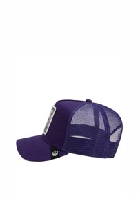 Purple cap with a solid front and mesh back, featuring a patch on the front and a black logo tag on the side. Curved visor design.