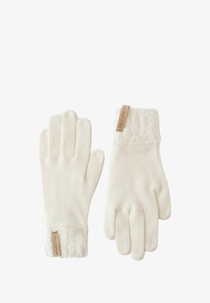 Helle, cremefarbene Handschuhe mit einem weichen, strukturierten Bündchen. Hergestellt aus einem gestrickten Material, mit einem Etikett mit "FALCONERI" am Handgelenk.