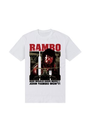 Weißes Baumwoll-T-Shirt mit einem grafischen Druck und fettem Text: "RAMBO III" sowie einer Darstellung eines Charakters vor einem Hubschrauberkulisse.