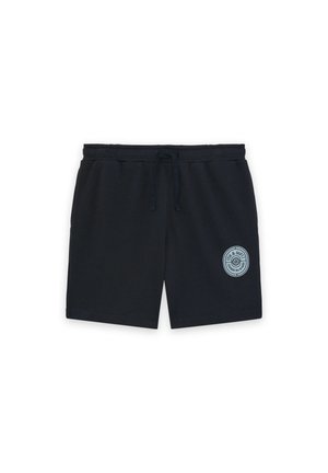 Pantaloncini casual blu navy con elastico in vita e coulisse, con un piccolo logo rotondo azzurro chiaro sulla parte inferiore della gamba sinistra.