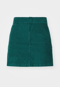 Πράσινη μίνι φούστα καμπαρντίνας με ίσια γραμμή, η οποία διαθέτει ψηλό μέσο και κάθετη ριγέ υφή, ολοκληρωμένη με καθαρές άκρες στο τελείωμα.