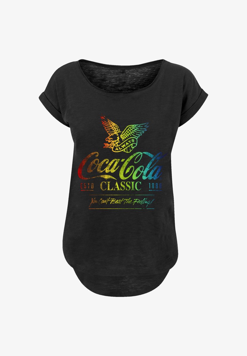 Black short-sleeve t-shirt featuring a rainbow gradient Coca-Cola logo, with "Always" and "You can't Beat the Feeling!" in colorful text.
