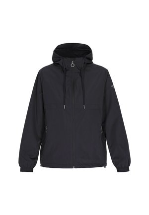 Must värv ja veekindel jakk, millel on kapuuts, eest lukk, reguleeritavad nöörid ja elastsed mansetid; sisaldab kahte küljetaskut ja sile tekstuur.