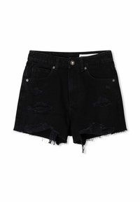 Svarta denimshorts med fransad fåll, med rivna detaljer och femficksdesign, stängs med en framknapp och dragkedja.