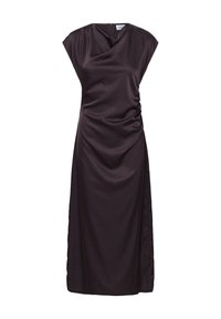 Dunkellila, ärmelloses Kleid mit gerafftem Ausschnitt, seitlicher Raffung und einem verdeckten Reißverschluss auf der Rückseite. Glatte, samtartige Textur.