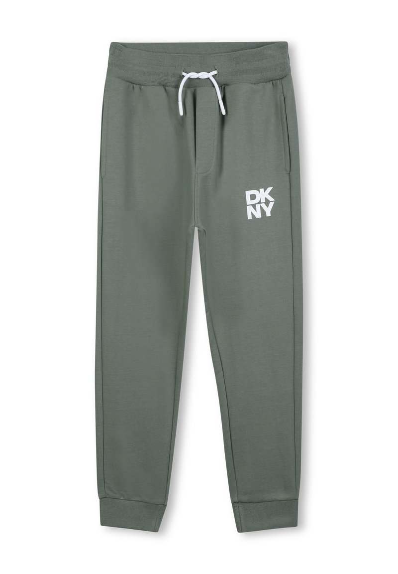 Groene trainingsbroek van zachte stof, met een wit DKNY-logo op de linkerdij, elastische tailleband en ribgebreide boorden.