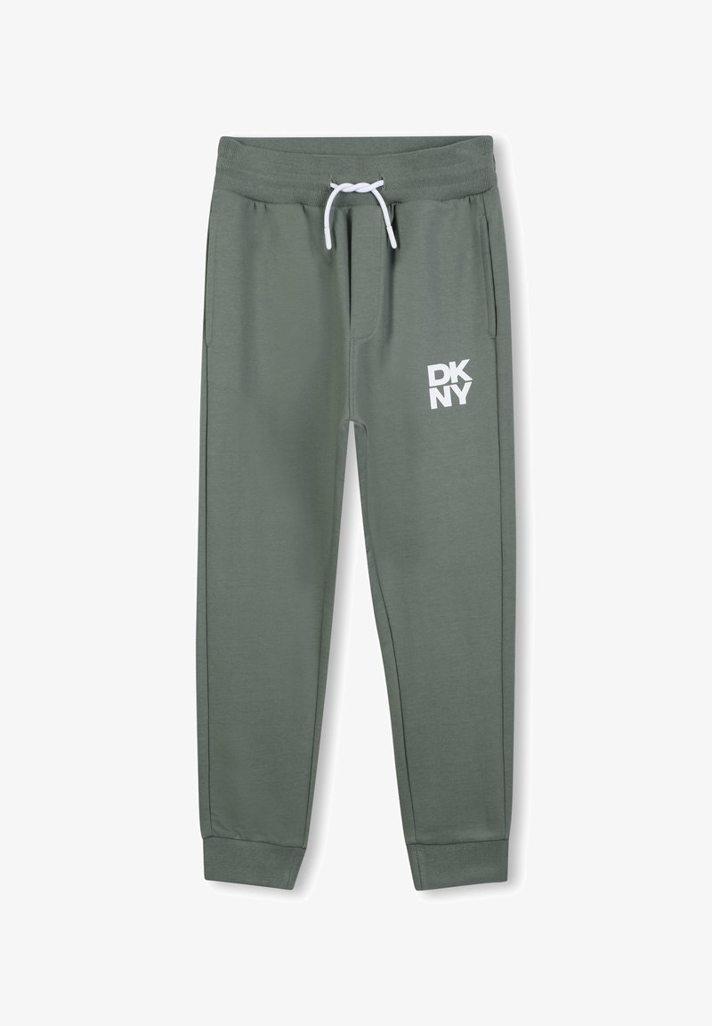 Groene trainingsbroek van zachte stof, met een wit DKNY-logo op de linkerdij, elastische tailleband en ribgebreide boorden.