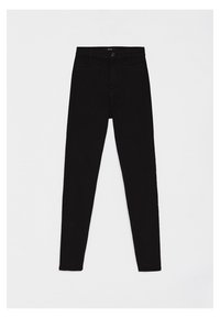 Czarne dżinsy typu skinny wykonane z denimu, z klasycznym pięciopocketowym krojem, zapięciem na guzik oraz subtelnymi detalami w szwie.