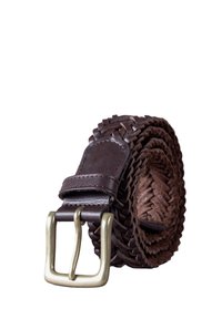 Braided brown leather belt with a silver metal buckle. Textured surface and flat end provide a flexible design.