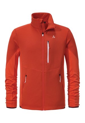 Rote Fleecejacke mit hohem Kragen, Reißverschluss auf der Vorderseite und zwei Taschen an den Seiten. Sie weist kontrastierende Nähte und ein atmungsaktives strukturiertes Muster auf.