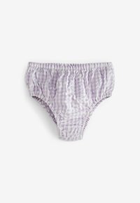 Bragas de algodón fruncidas con diseño de cuadros en color lila claro y blanco, con cintura y perneras elásticas, sobre un fondo blanco.