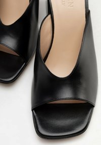 Een paar zwarte leren open-teen schoenen voor vrouwen met vierkante hakken en beige zolen op een witte achtergrond.