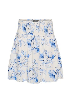 Biela sukňa s modrým kvetinovým vzorom a nariaseným pásom, rozšírený strih.