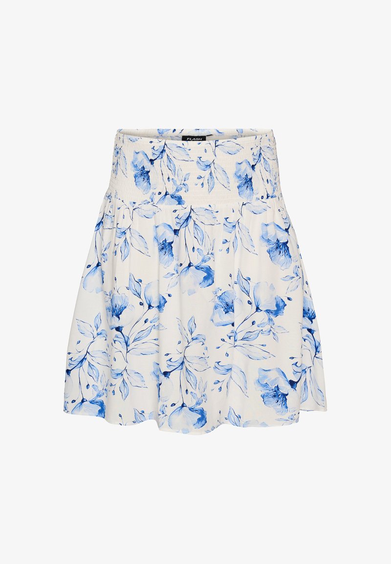 Biela sukňa s modrým kvetinovým vzorom a nariaseným pásom, rozšírený strih.