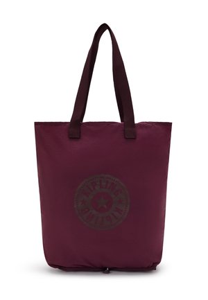 Dark purple tote bag with two shoulder straps and a circular logo featuring a star and text in the center front.
