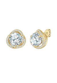 Auksinės spalvos auskarai su dideliais apvaliais skaidriais kristalais, supančiais mažesnius skaidrius akmenis sukūrimo dizainu.