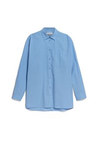 Light blue long-sleeve button-up shirt made of smooth fabric. Features a collar, front pocket, and rounded hem. Simple button detailing.