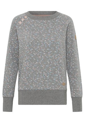 Sivi dukserica s mekim teksturom, s raspršenim uzorkom ružičastih i plavih točkica, te tri dekorativna dugmeta na lijevom ramenu.