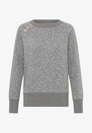 Sivi dukserica s mekim teksturom, s raspršenim uzorkom ružičastih i plavih točkica, te tri dekorativna dugmeta na lijevom ramenu.