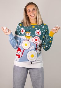 Light blue and green knit sweater with cartoon animals, festive patterns, and yellow accents. Features snowflakes and colorful targets.