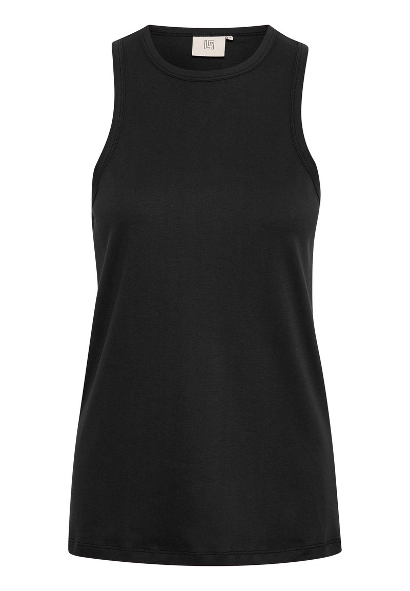 Schwarzes ärmelloses Oberteil aus glattem Stoff, mit rundem Ausschnitt und sauberen Kanten. Einfaches Design ohne Muster oder zusätzliche Akzente.