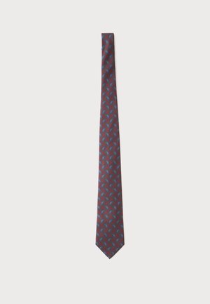 Slim burgundy tie with a repeating small blue and pink paisley pattern, laid flat against a light background.