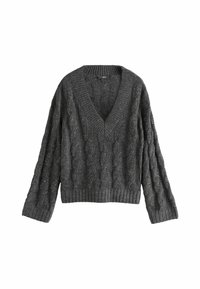 Mørkegrå strikket sweater med V-hals, prydet med et kabelstrikket mønster samt ribbede manchetter og kant. Tekstureret, løstsiddende design.