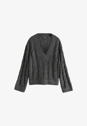 Tummanharmaa neulepusero, jossa on V-pääntie, ja johon kuuluu palmikkoneulekuvio sekä resorit hihoissa ja helmassa. Rakenteellinen, löysä istuvuus.