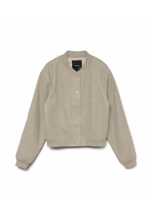 Beige fleecetakjakke med knapper, ribbet krave, manchetter og kant, lagt fladt ud med ærmerne strakt ud.