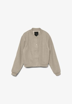 Bež flis jakna z gumbi, z rebrastim ovratnikom, manšetami in spodnjim robom, položena ravno z raztegnjenimi rokavi.