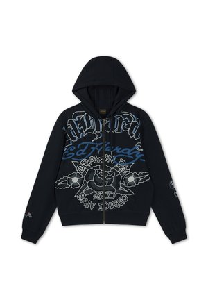 Černá mikina na zip s kapucí, zdobená velkým stylizovaným nápisem „Ed Hardy“, květinovými tetovacími motivy a nápisem „San Diego“ na přední straně.