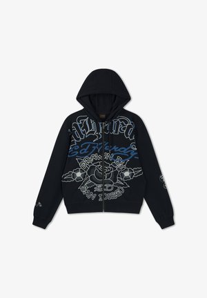 Černá mikina na zip s kapucí, zdobená velkým stylizovaným nápisem „Ed Hardy“, květinovými tetovacími motivy a nápisem „San Diego“ na přední straně.