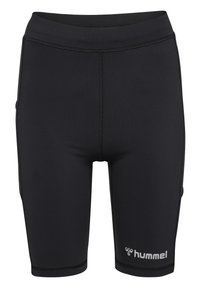 Zwarte sportshorts van rekbaar materiaal, met flatlock-naden en een Hummel-logo in het wit aan de rechteronderzijde.