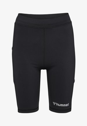 Black athletic shorts made of stretchy material, featuring flatlock seams and a Hummel logo in white on the lower right side.
