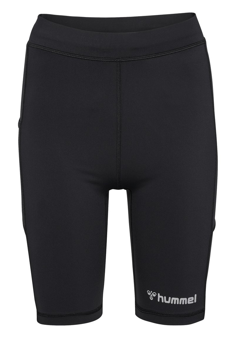 Zwarte sportshorts van rekbaar materiaal, met flatlock-naden en een Hummel-logo in het wit aan de rechteronderzijde.