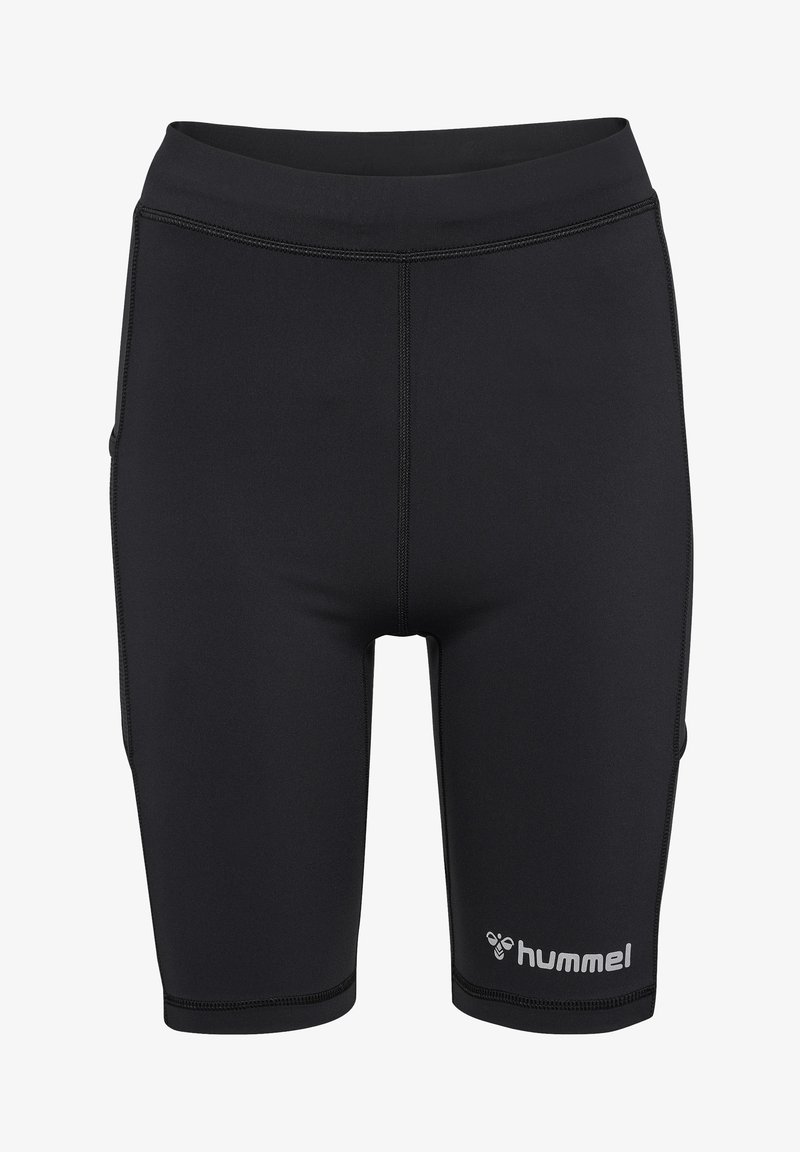 Shorts de sport noirs en matériau extensible, avec des coutures plates et un logo Hummel blanc en bas à droite.