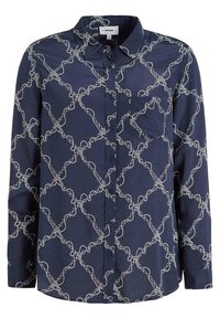 Chemise à manches longues bleu marine avec motif de maillons de chaîne blanc, poche avant, col boutonné et fermeture à boutons.