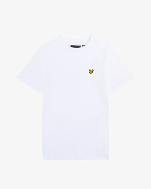 Tricou alb cu mâneci scurte și decolteu rotund, cu un mic logo galben de pasăre pe pieptul stâng, pe un fundal simplu.