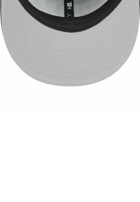 Gray cap featuring a flat brim and black underside, with textured fabric and visible stitching. Interior has branding label details.