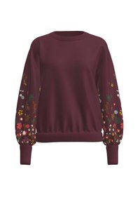 Felpa bordeaux con ricami floreali sulle maniche, polsini a coste e scollatura tonda. Tessuto morbido con vestibilità comoda.