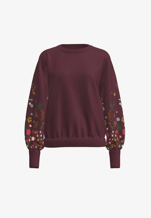 Maroon sweatshirt featuring floral embroidery on sleeves, ribbed cuffs, and a round neckline. Soft fabric with a relaxed fit.