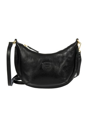 Black leather crossbody bag with a curved design, gold hardware accents, and a zip closure. Smooth texture with logo detail on the front.