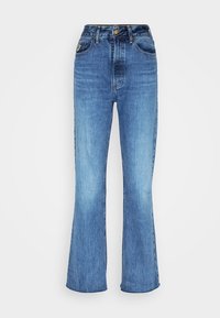 Modré denimové zvonové džíny s vysokým pasem, s předním zapínáním na knoflík, pěti kapsami a s opotřebovanou barvou. Texturovaná látka se rovnými nohavicemi.