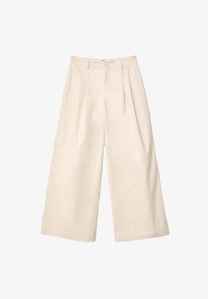 Béžové nohavice s širokými nohavicami vyrobené z jemného materiálu s vysokým pásom, s plisovaním a predným zapínaním na gombík. Hladká textúra a strih na mieru.
